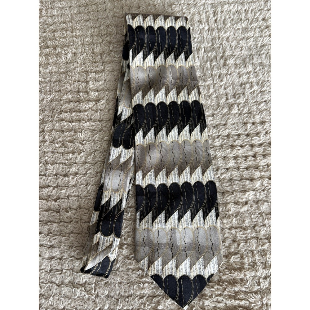 Franco de Napoli 100% Silk Geometric Handmade Gold Black White 59" L x 4"W - Picture 1 of 7